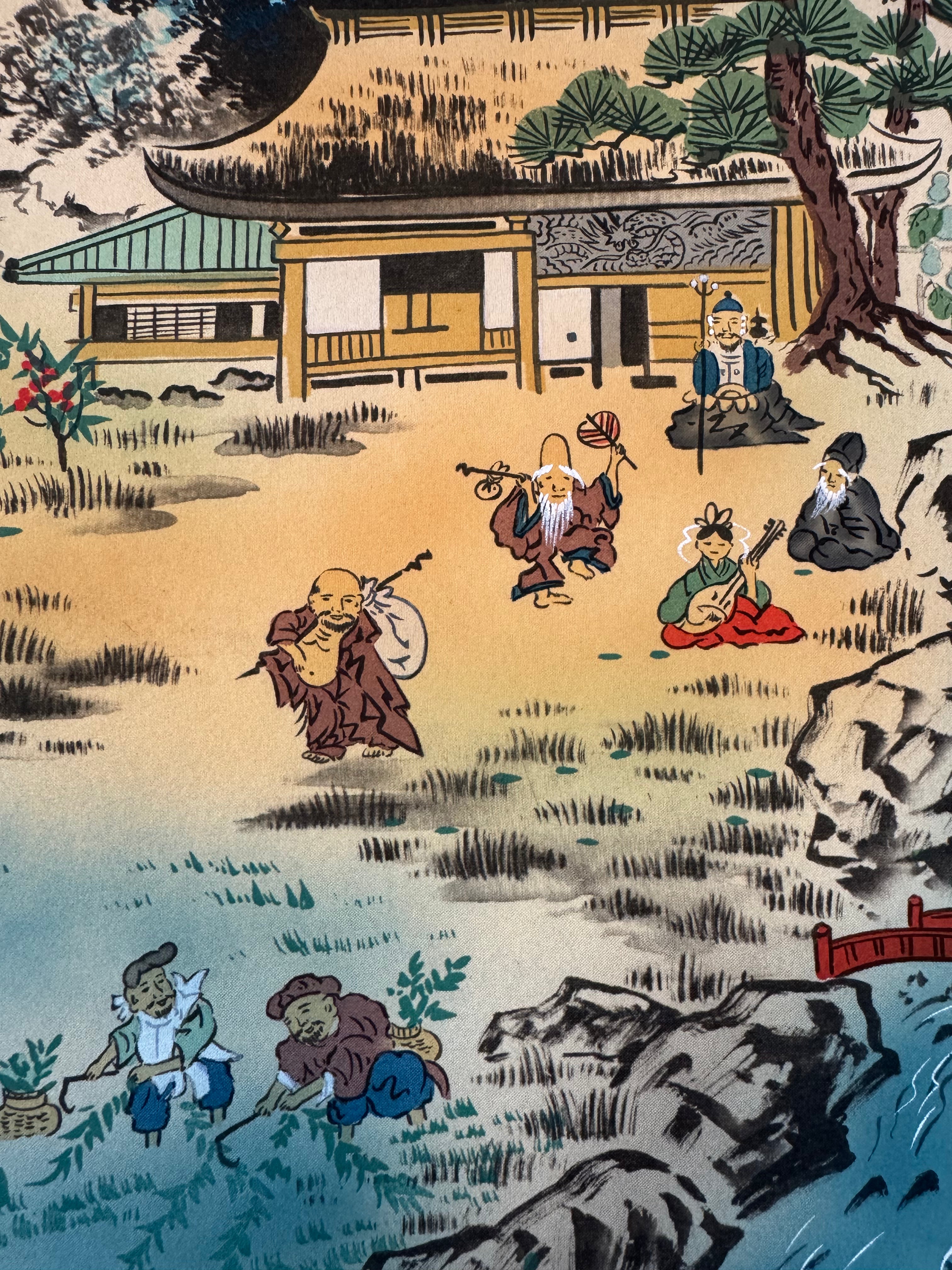 Japanese Lucky Gods & Mythical Creatures Kakemono Print – Scenic Landscape Hanging Scroll Art