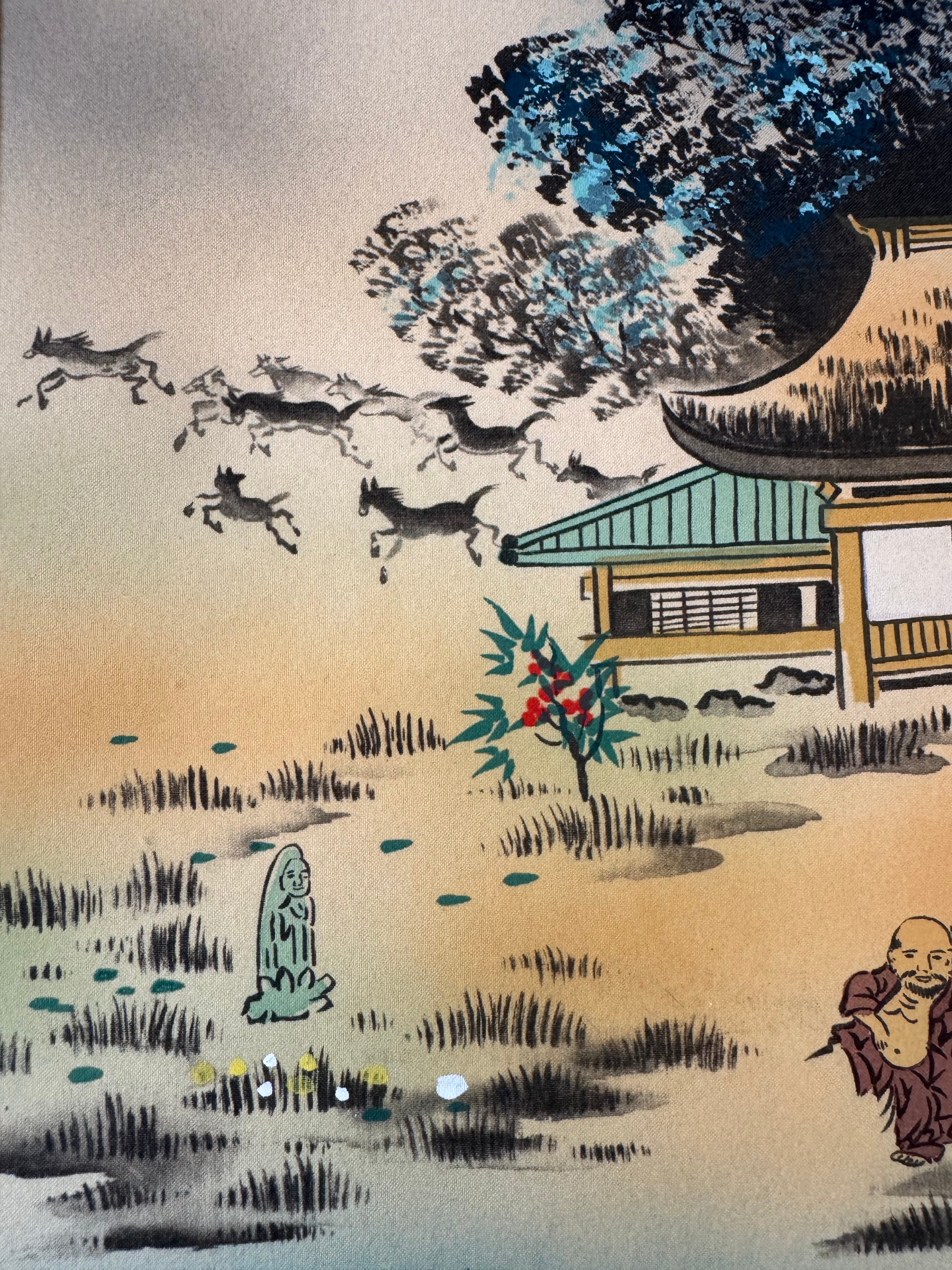 Japanese Lucky Gods & Mythical Creatures Kakemono Print – Scenic Landscape Hanging Scroll Art