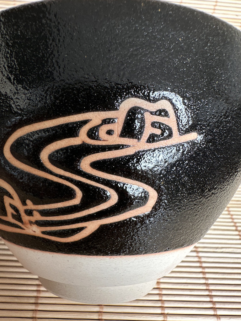 Modern Japanese Matcha Chawan, Black Stoneware Tea Bowl with Mizuhiki Motif, Handmade Ceramic for Tea Ceremony