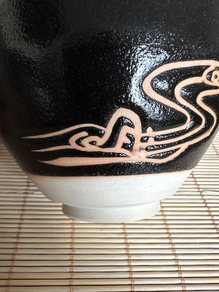 Modern Japanese Matcha Chawan, Black Stoneware Tea Bowl with Mizuhiki Motif, Handmade Ceramic for Tea Ceremony