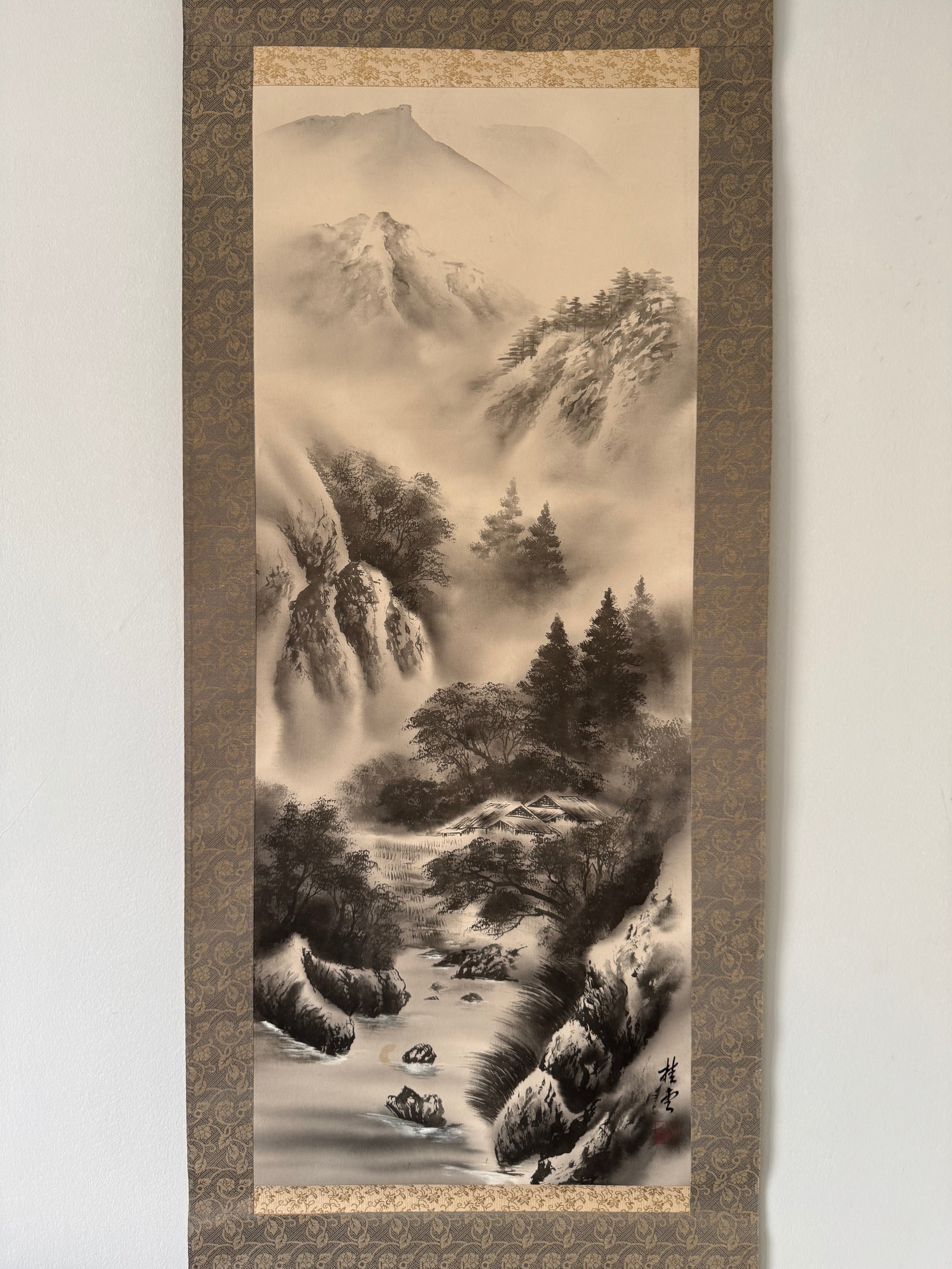 Japanese Sumi-e Landscape Kakemono Print – Ink Wash Mountain Scenery Hanging Scroll