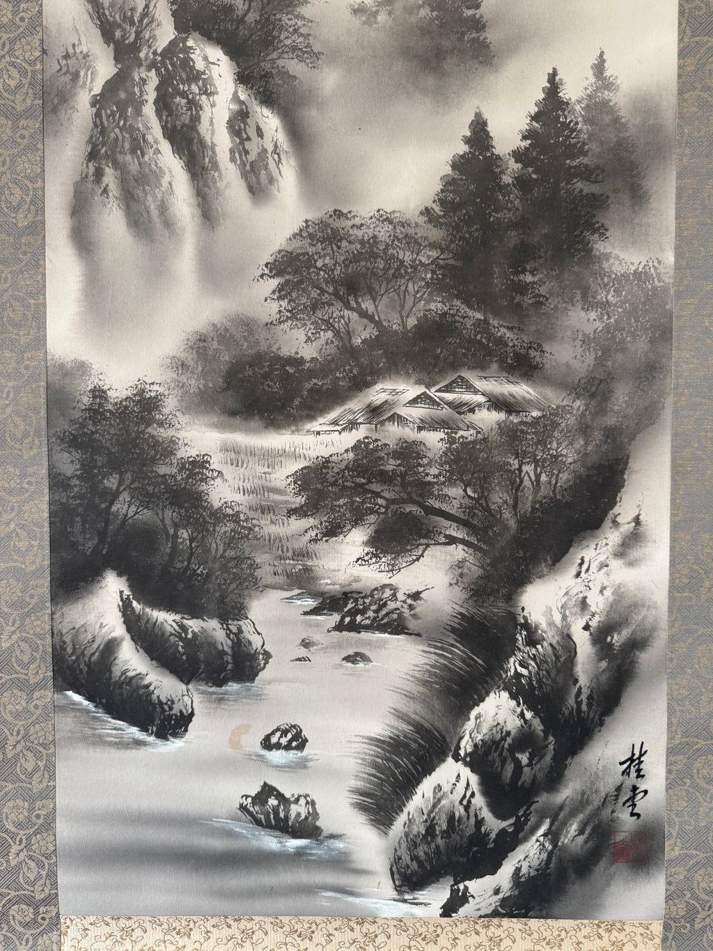 Japanese Sumi-e Landscape Kakemono Print – Ink Wash Mountain Scenery Hanging Scroll