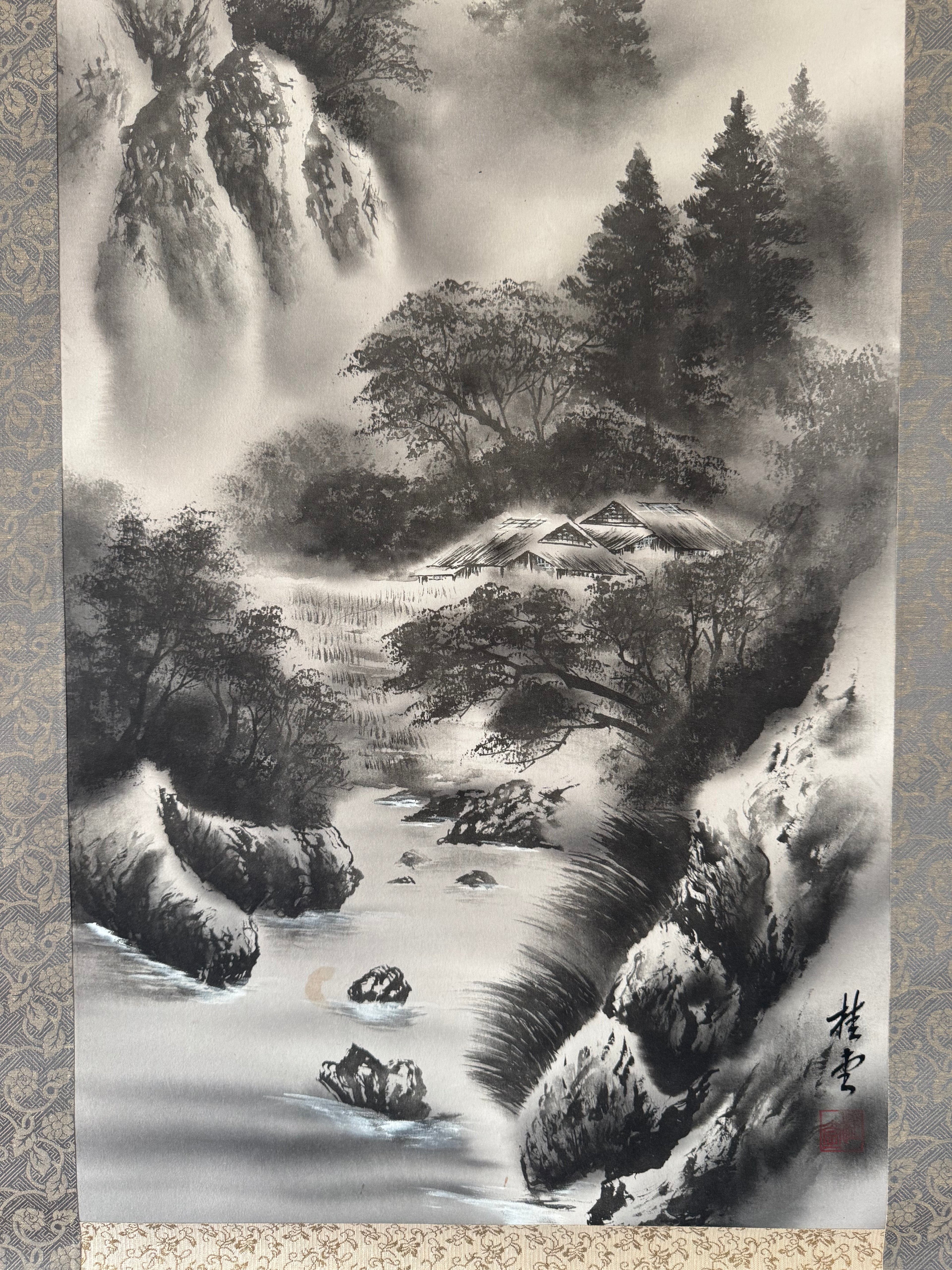 Japanese Sumi-e Landscape Kakemono Print – Ink Wash Mountain Scenery Hanging Scroll