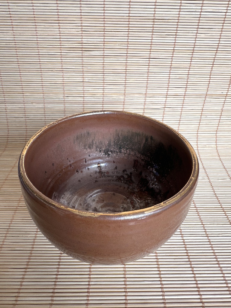 Vintage Japanese Chawan Tea Bowl, Amber Kaki Glaze Stoneware, Wabi Sabi Pottery