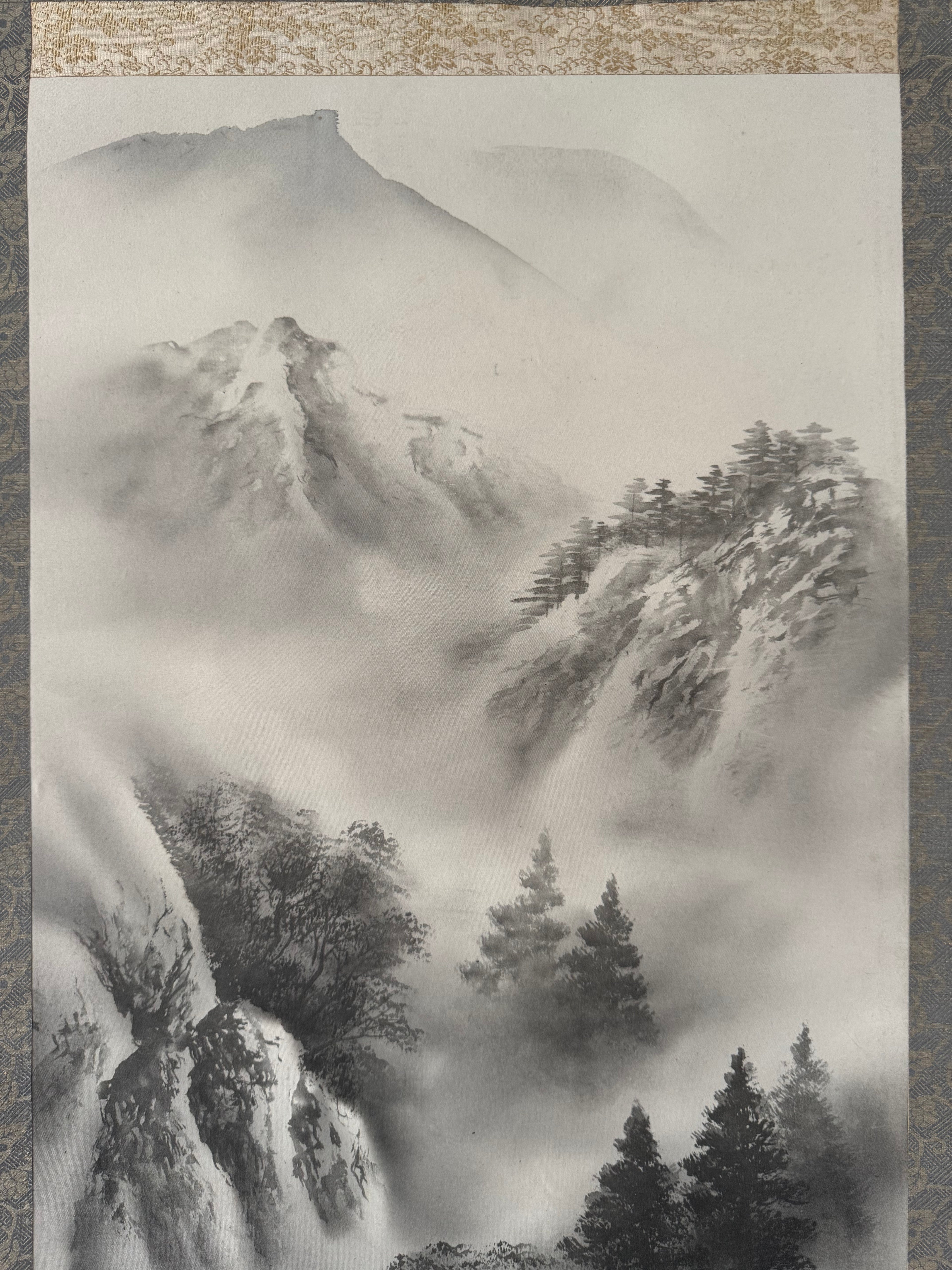 Japanese Sumi-e Landscape Kakemono Print – Ink Wash Mountain Scenery Hanging Scroll