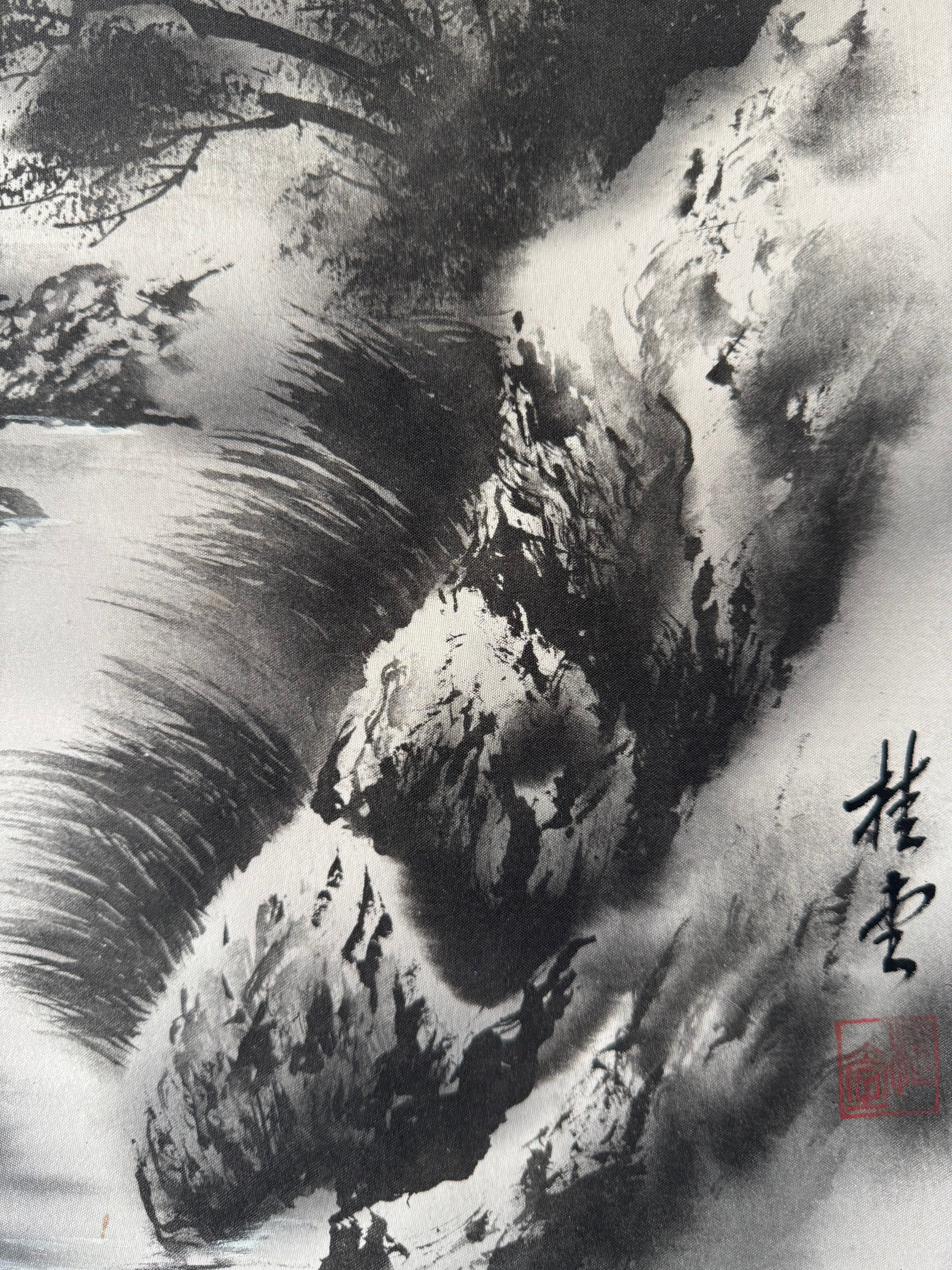 Japanese Sumi-e Landscape Kakemono Print – Ink Wash Mountain Scenery Hanging Scroll