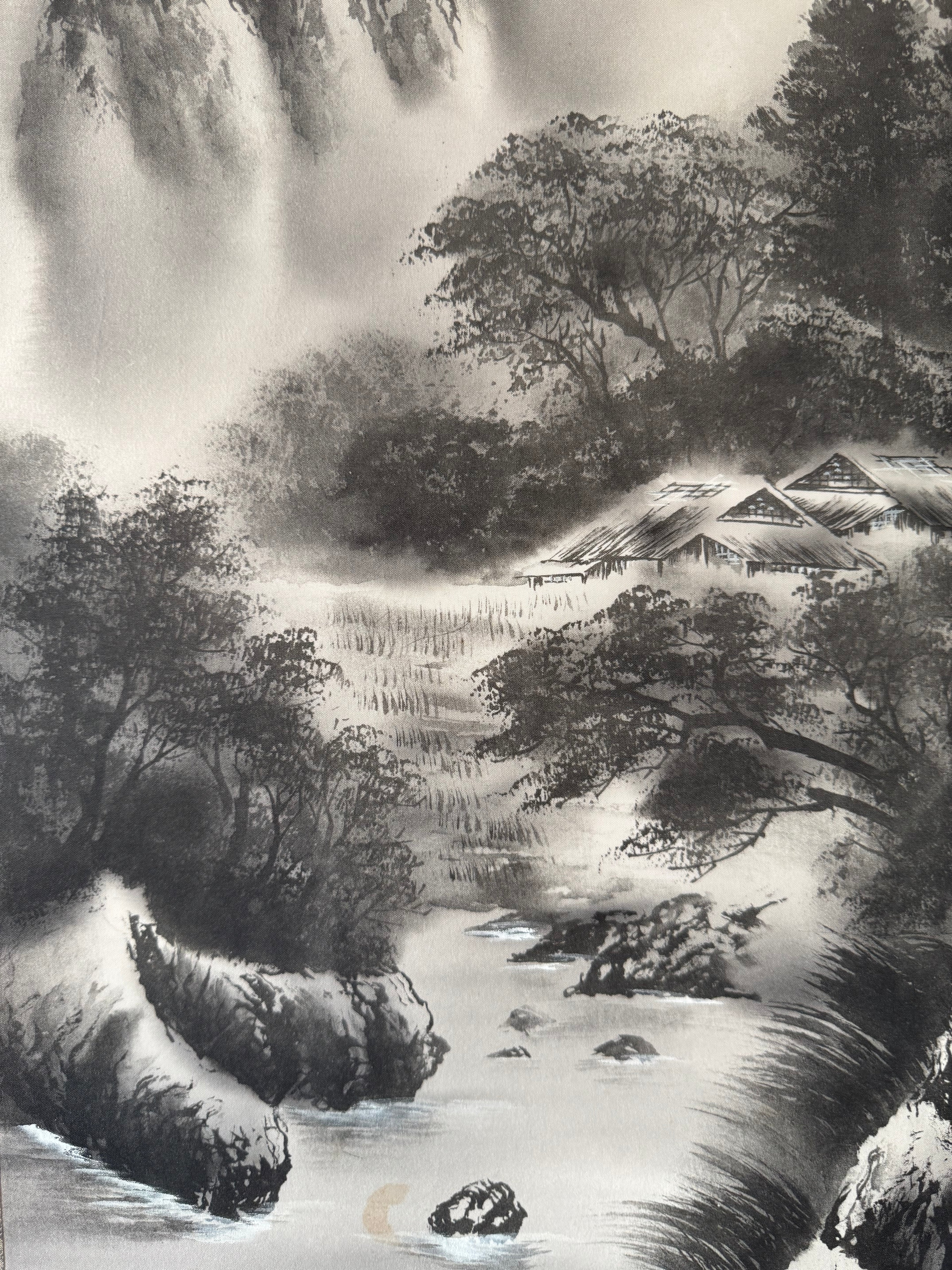 Japanese Sumi-e Landscape Kakemono Print – Ink Wash Mountain Scenery Hanging Scroll