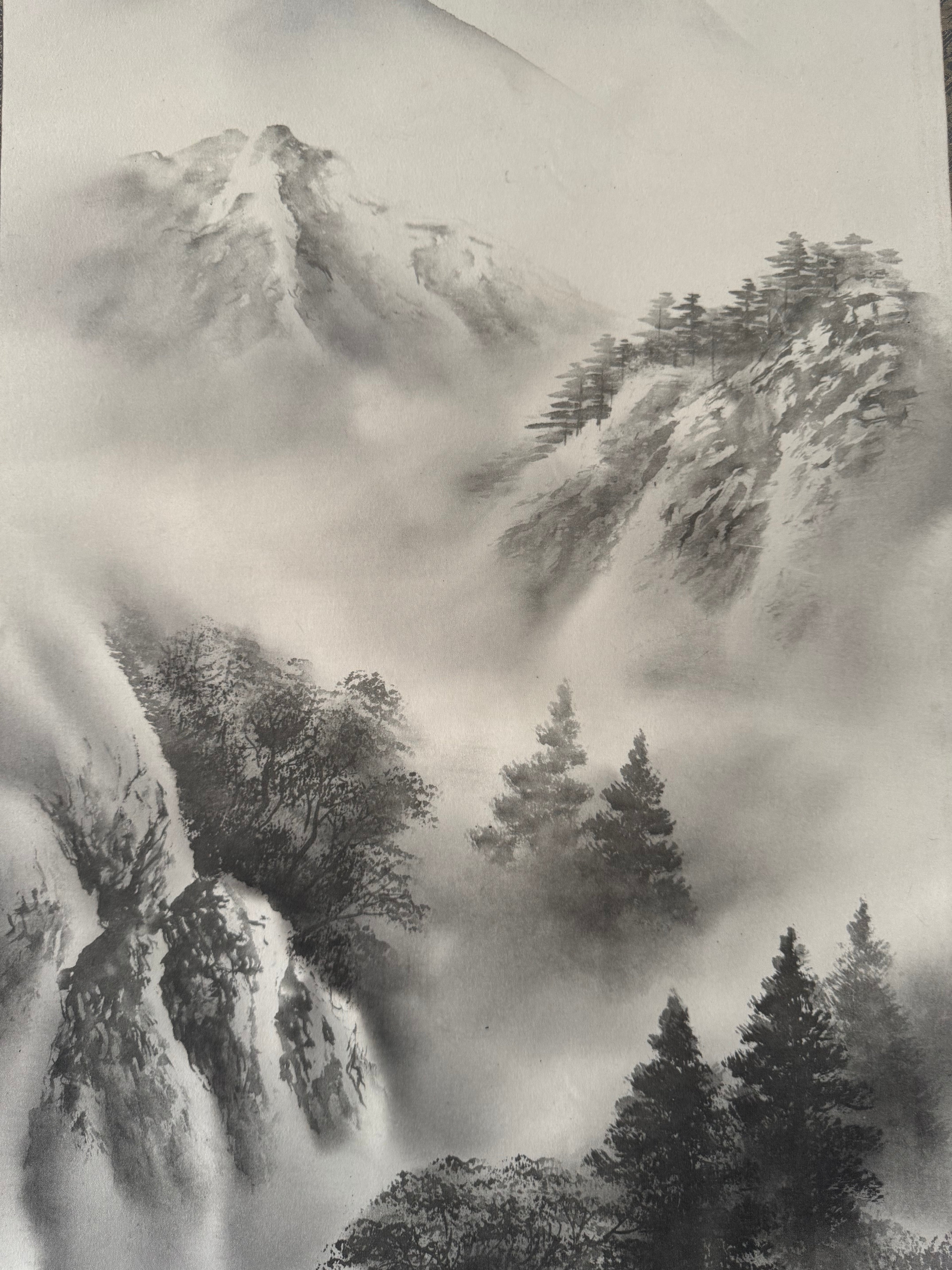 Japanese Sumi-e Landscape Kakemono Print – Ink Wash Mountain Scenery Hanging Scroll