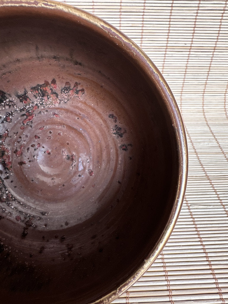 Vintage Japanese Chawan Tea Bowl, Amber Kaki Glaze Stoneware, Wabi Sabi Pottery
