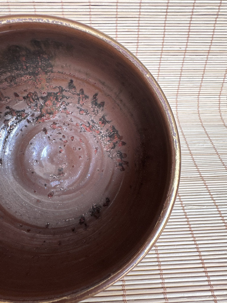Vintage Japanese Chawan Tea Bowl, Amber Kaki Glaze Stoneware, Wabi Sabi Pottery