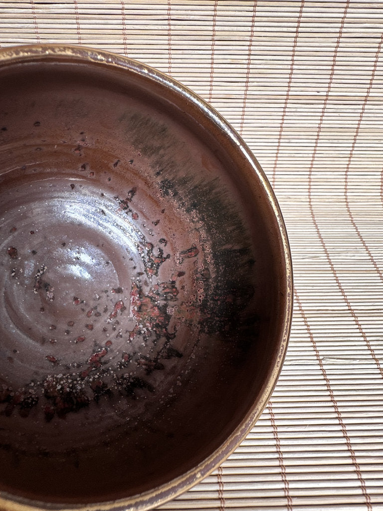 Vintage Japanese Chawan Tea Bowl, Amber Kaki Glaze Stoneware, Wabi Sabi Pottery