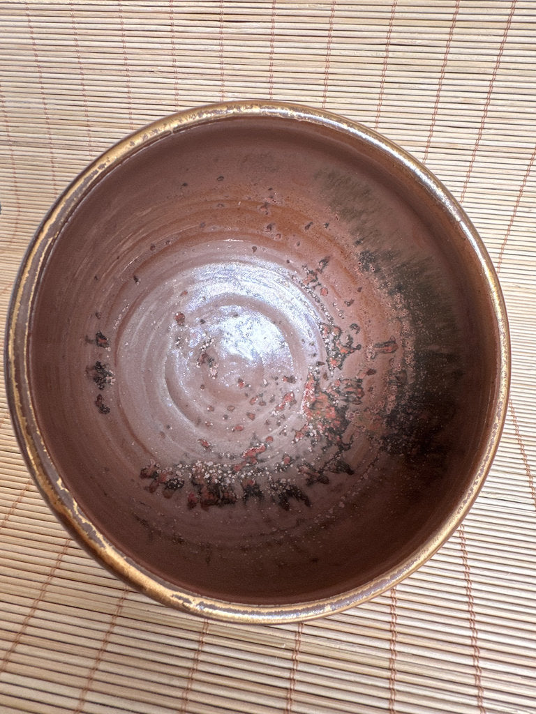 Vintage Japanese Chawan Tea Bowl, Amber Kaki Glaze Stoneware, Wabi Sabi Pottery