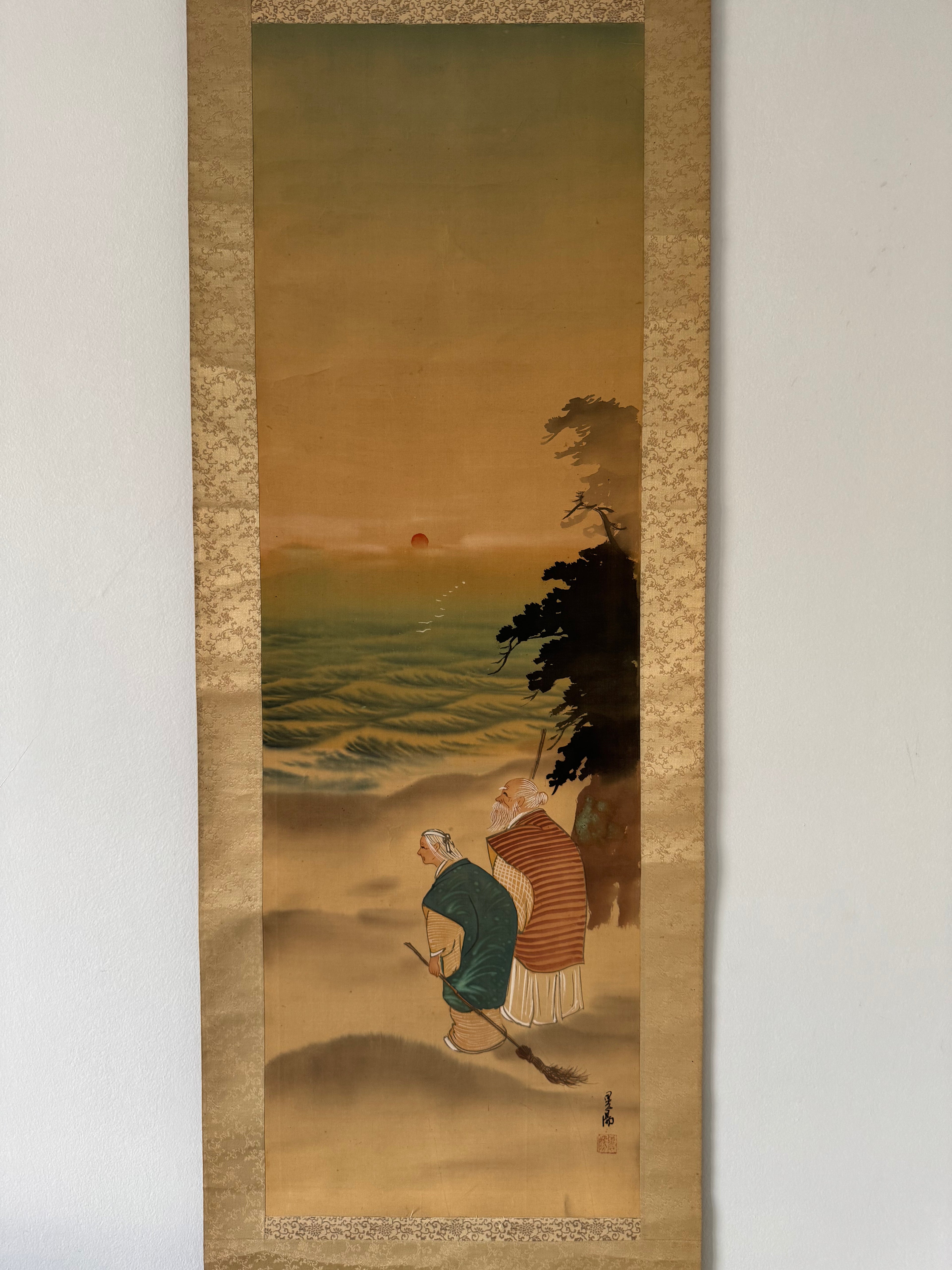 Japanese Takasago Couple Kakemono Painting – Symbol of Eternal Love & Marriage, Hanging Scroll Art