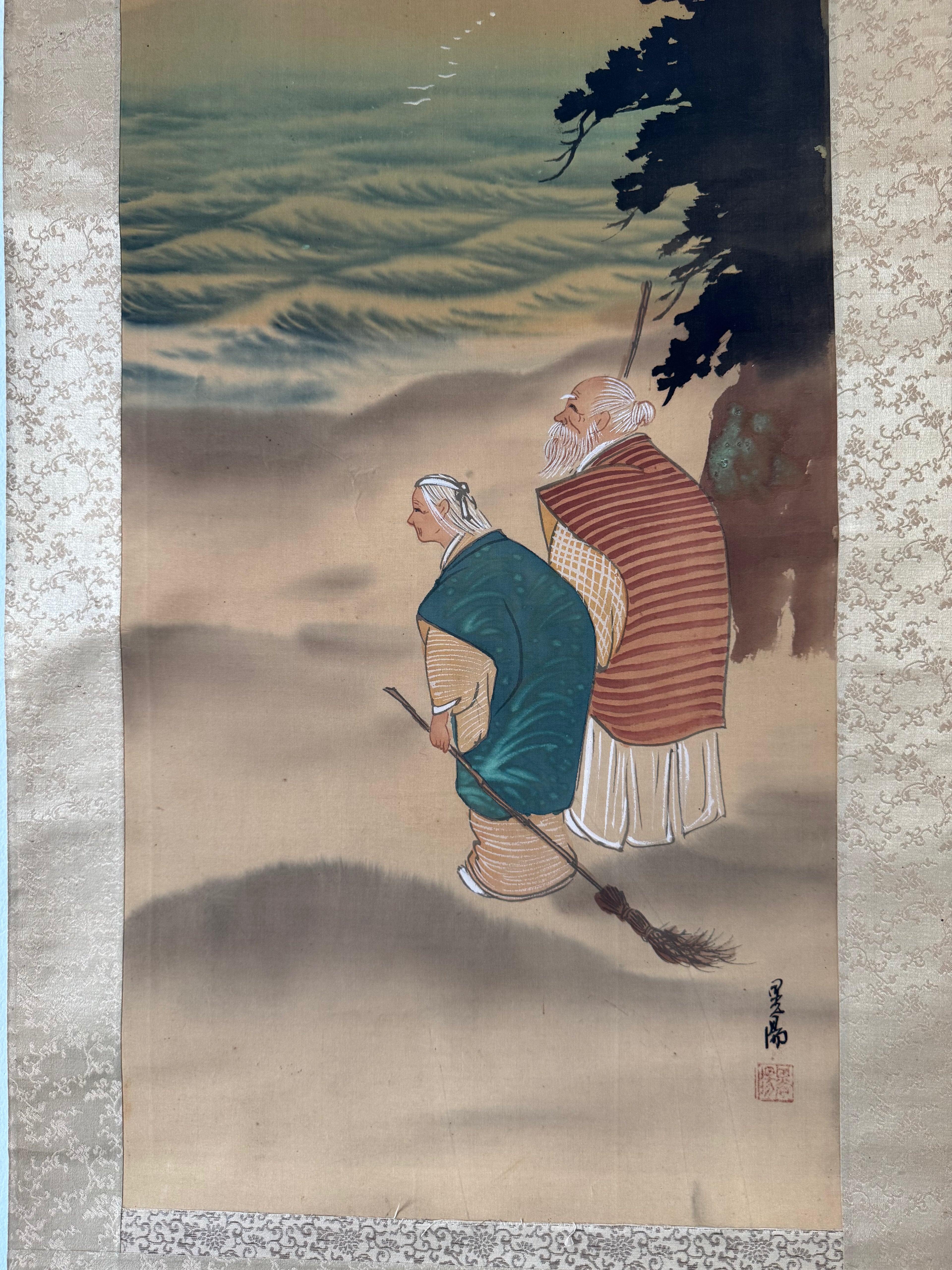 Japanese Takasago Couple Kakemono Painting – Symbol of Eternal Love & Marriage, Hanging Scroll Art