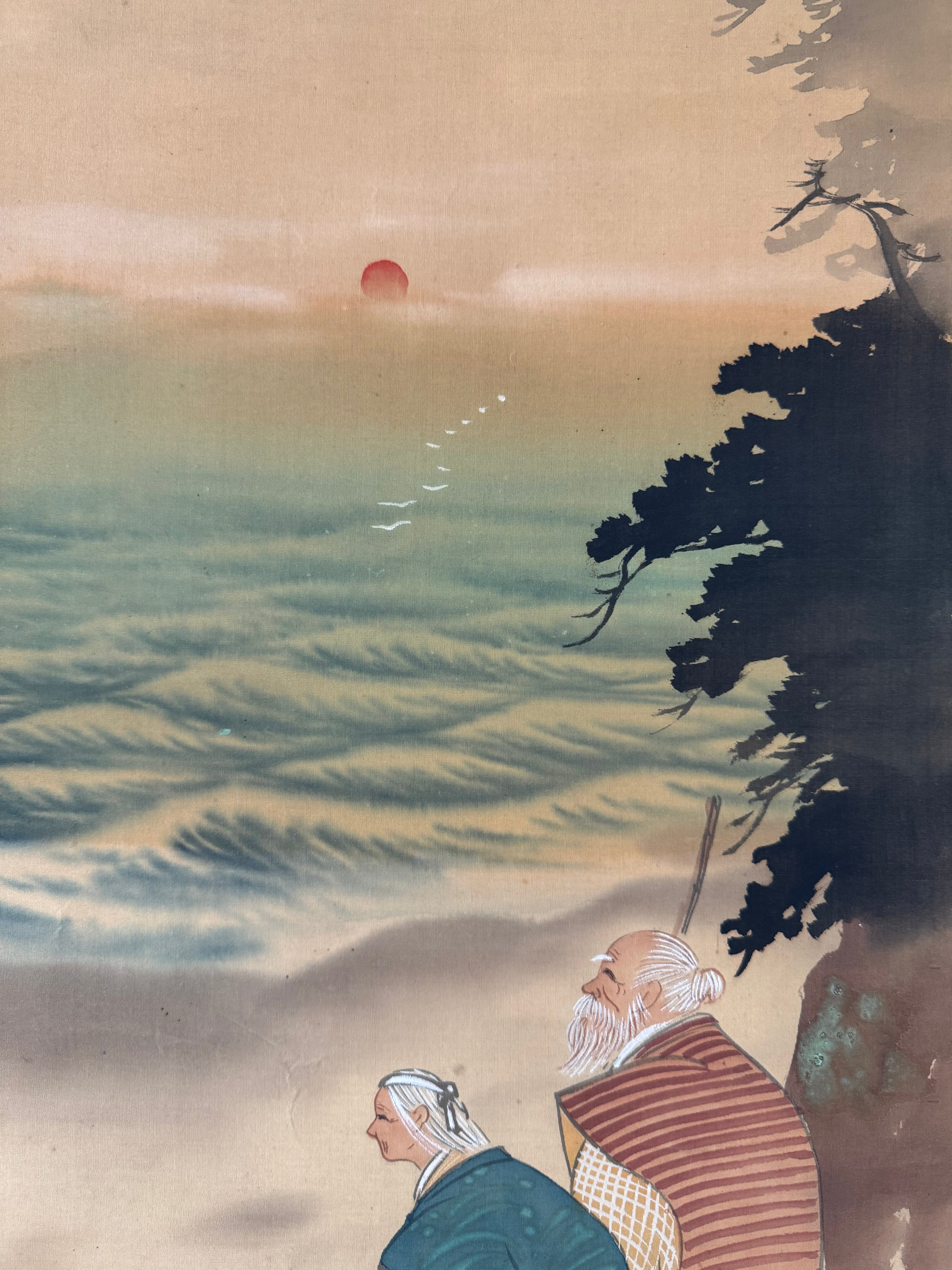 Japanese Takasago Couple Kakemono Painting – Symbol of Eternal Love & Marriage, Hanging Scroll Art