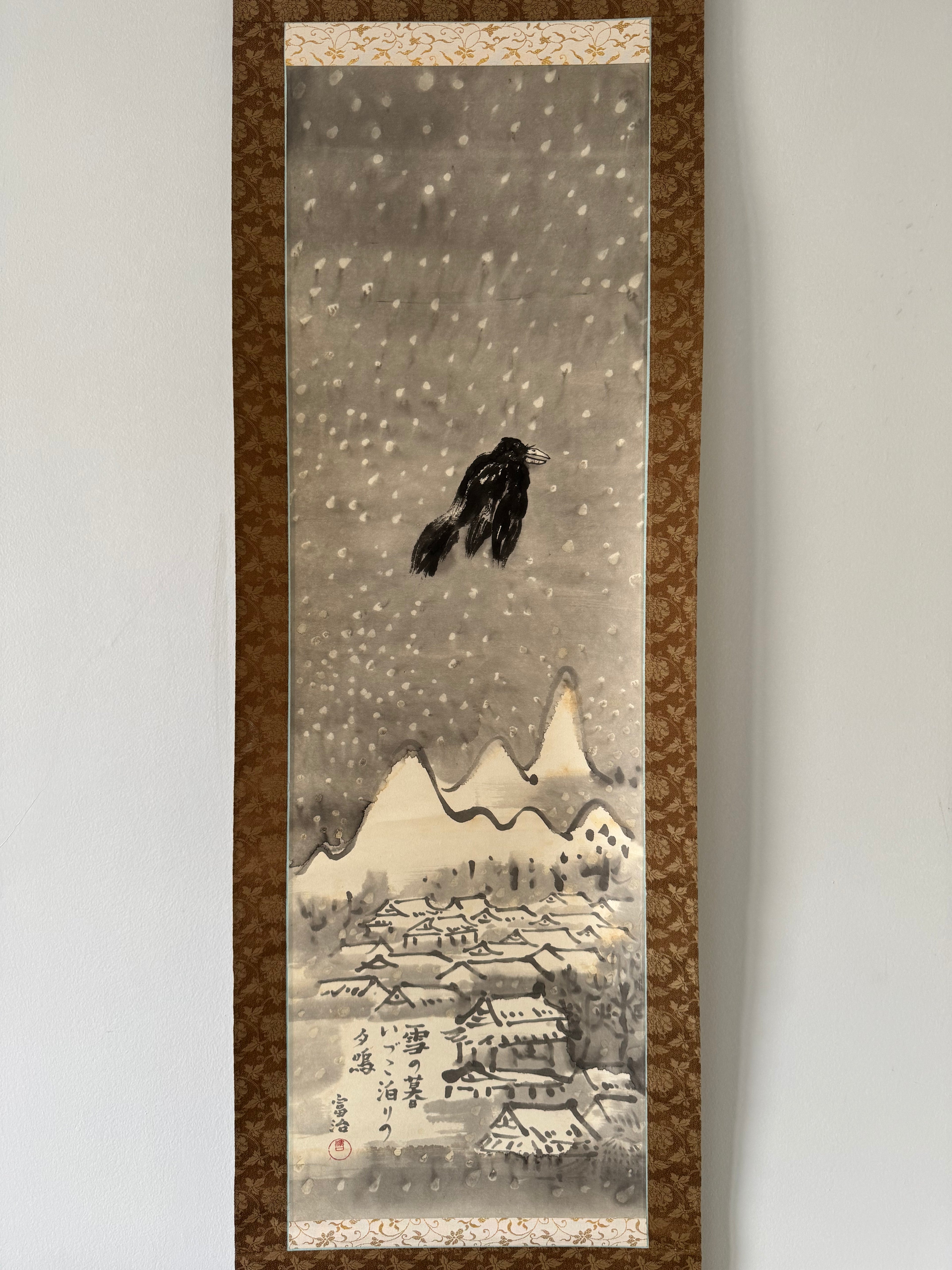 Japanese Winter Village Kakemono Painting – Crow in Snowy Sky, Sumi-e Ink Hanging Scroll