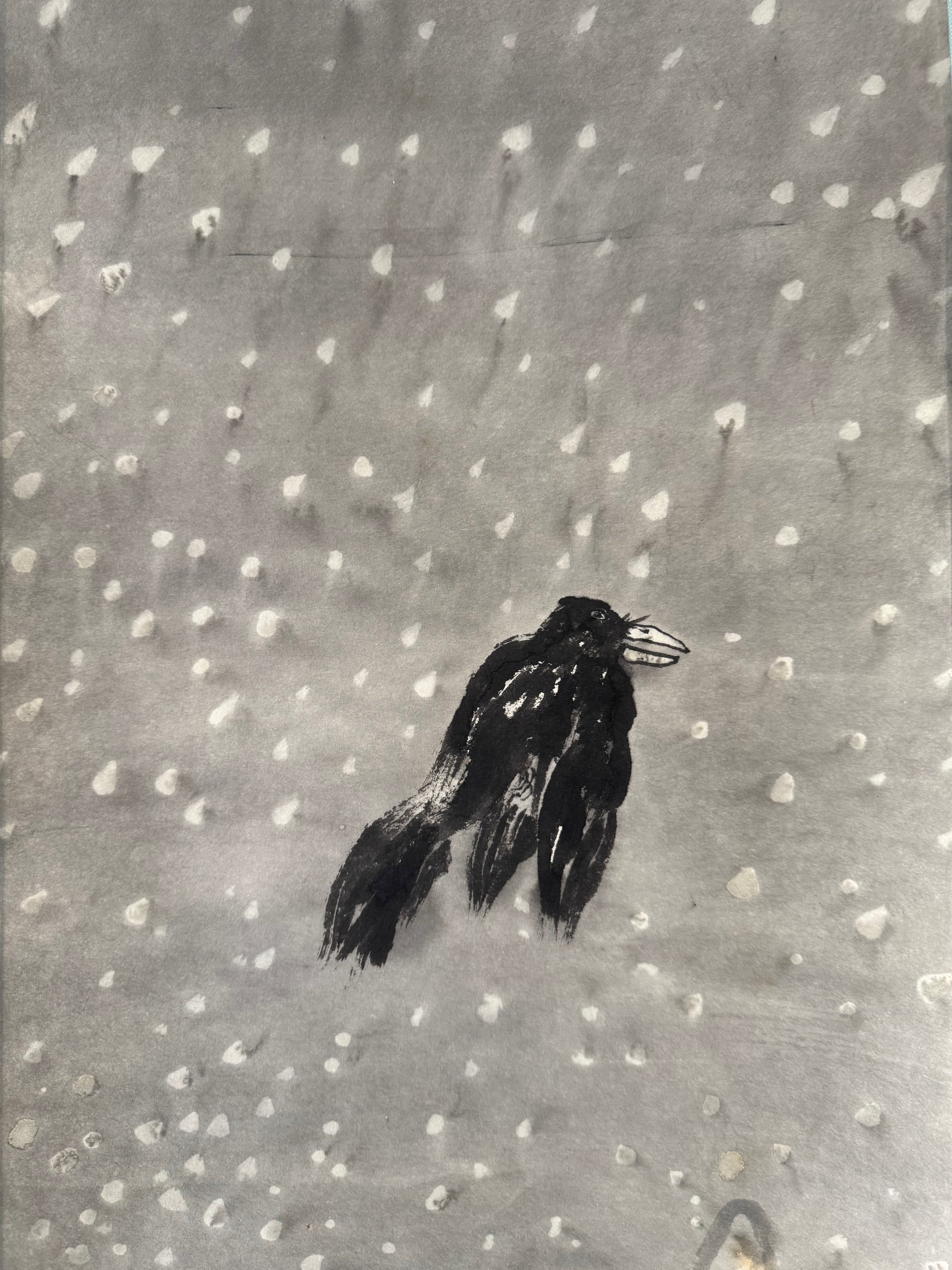 Japanese Winter Village Kakemono Painting – Crow in Snowy Sky, Sumi-e Ink Hanging Scroll