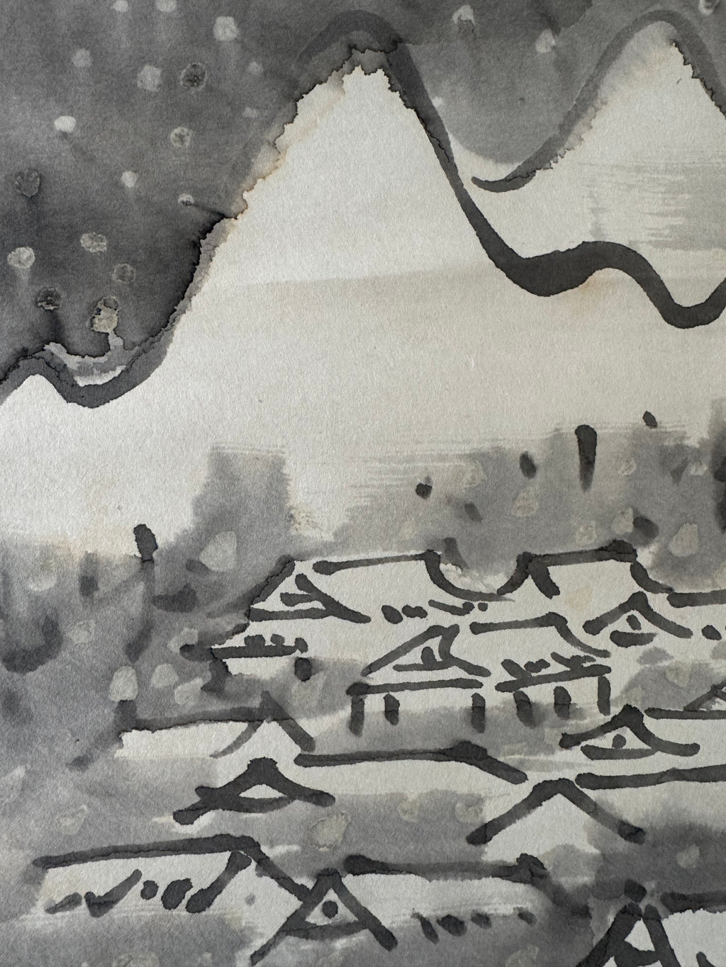 Japanese Winter Village Kakemono Painting – Crow in Snowy Sky, Sumi-e Ink Hanging Scroll