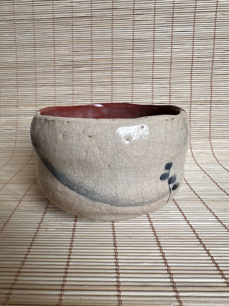 Vintage Japanese Raku Chawan Tea Bowl, Katami-Gawari Red & Cream Glaze, Hand Painted