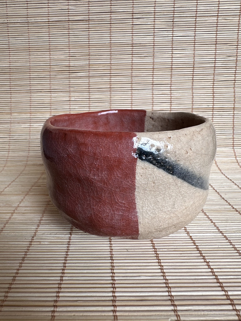 Vintage Japanese Raku Chawan Tea Bowl, Katami-Gawari Red & Cream Glaze, Hand Painted