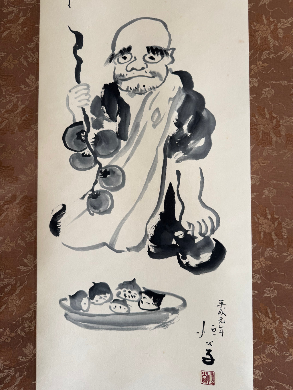 Japanese Wall Art Scroll (1989) - Hand-painted Zen Monk &amp; Persimmons - Soseki Natsume Poem Calligraphy - Kogakiko Signed