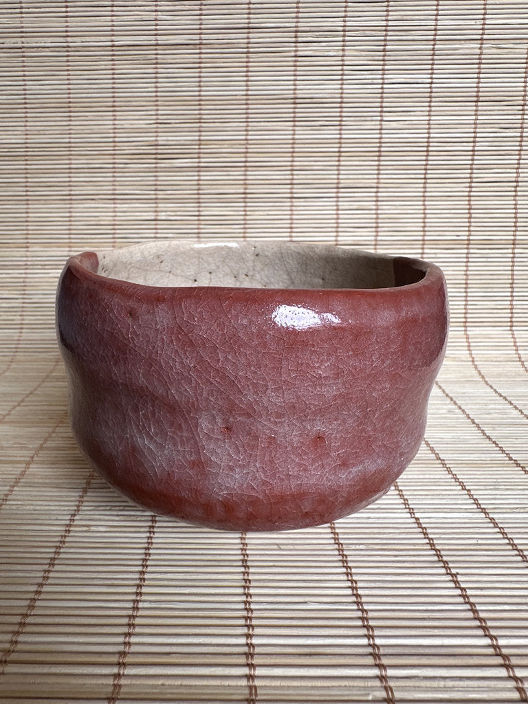 Vintage Japanese Raku Chawan Tea Bowl, Katami-Gawari Red & Cream Glaze, Hand Painted