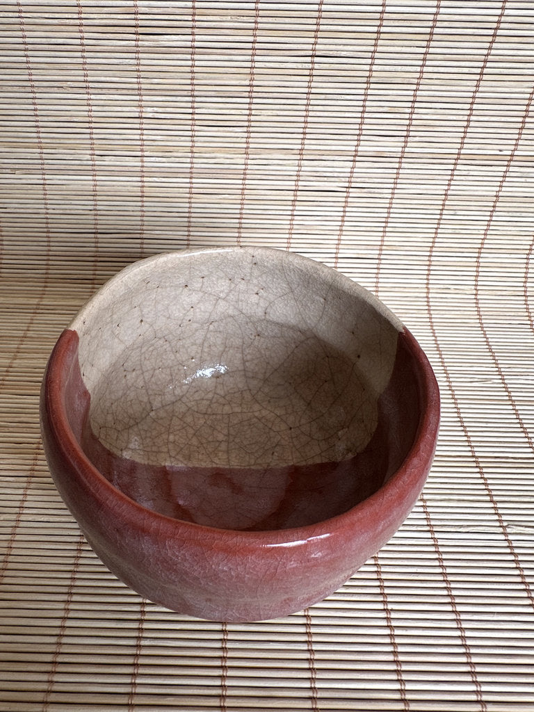 Vintage Japanese Raku Chawan Tea Bowl, Katami-Gawari Red & Cream Glaze, Hand Painted