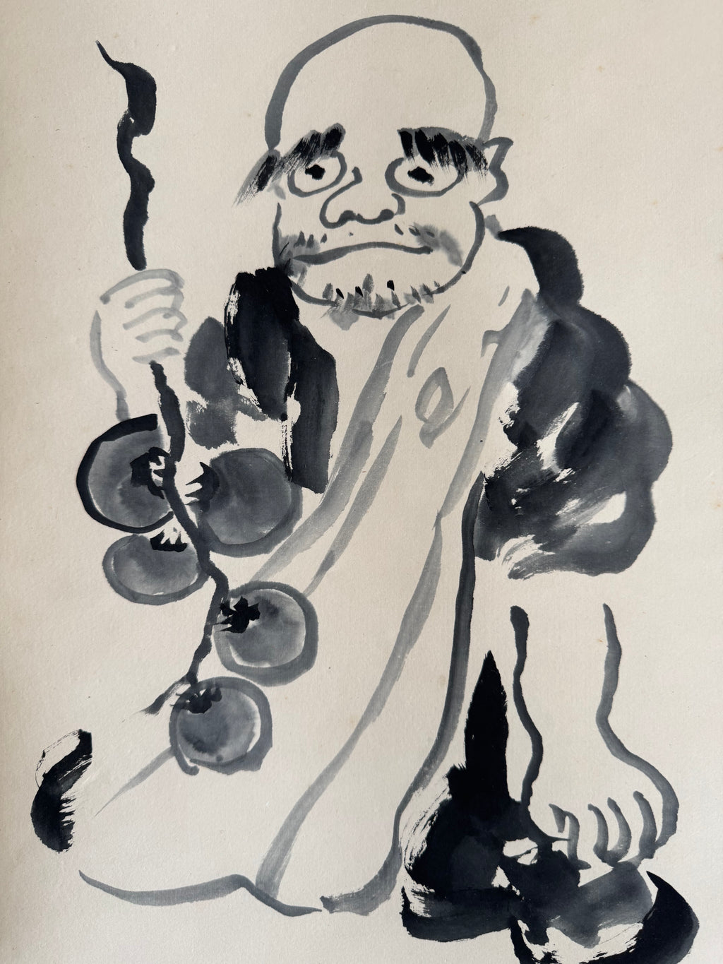 Japanese Wall Art Scroll (1989) - Hand-painted Zen Monk &amp; Persimmons - Soseki Natsume Poem Calligraphy - Kogakiko Signed