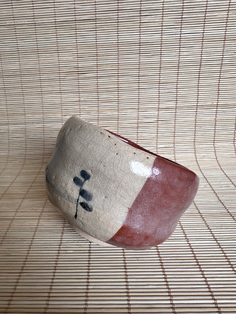 Vintage Japanese Raku Chawan Tea Bowl, Katami-Gawari Red & Cream Glaze, Hand Painted