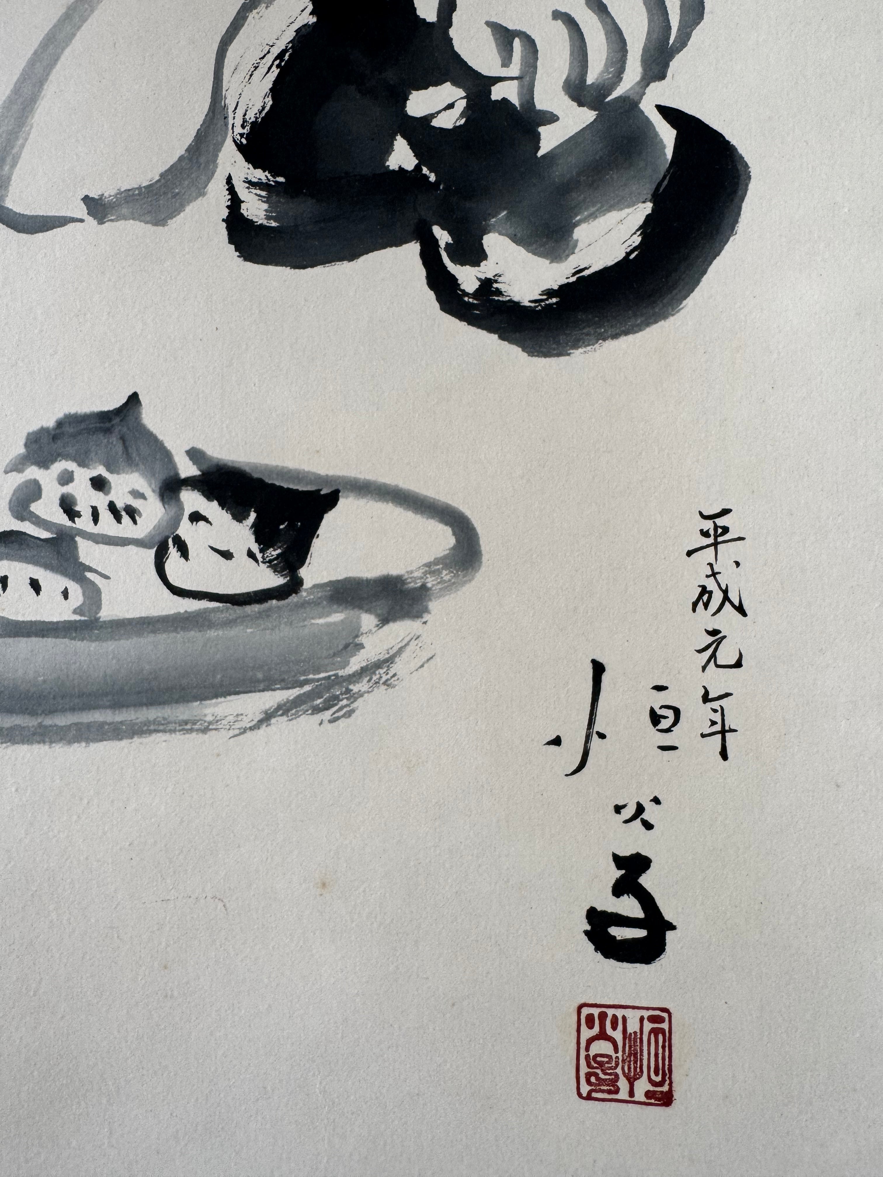 Japanese Wall Art Scroll (1989) - Hand-painted Zen Monk &amp; Persimmons - Soseki Natsume Poem Calligraphy - Kogakiko Signed