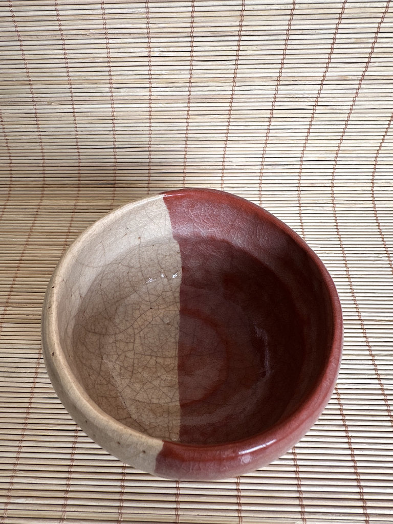 Vintage Japanese Raku Chawan Tea Bowl, Katami-Gawari Red & Cream Glaze, Hand Painted