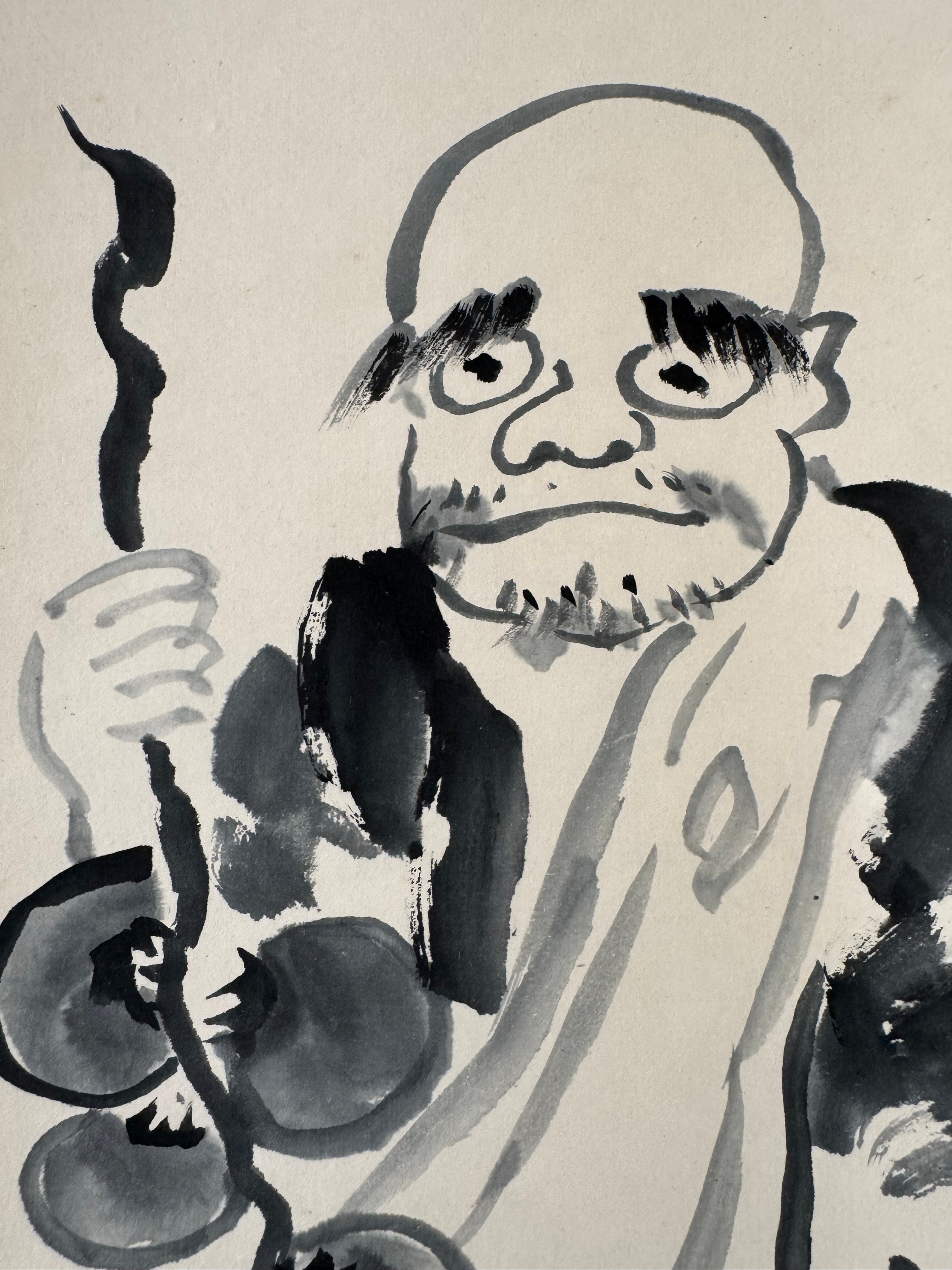 Japanese Wall Art Scroll (1989) - Hand-painted Zen Monk &amp; Persimmons - Soseki Natsume Poem Calligraphy - Kogakiko Signed