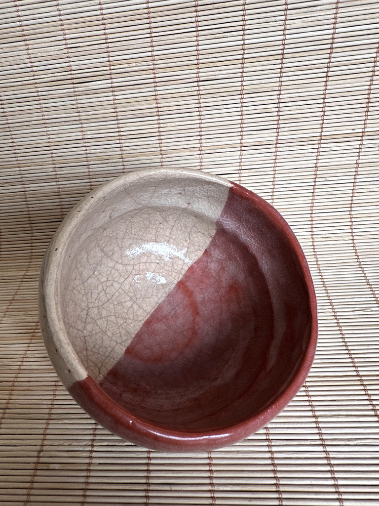 Vintage Japanese Raku Chawan Tea Bowl, Katami-Gawari Red & Cream Glaze, Hand Painted