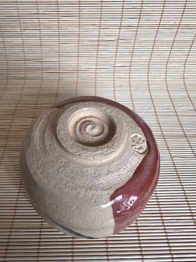 Vintage Japanese Raku Chawan Tea Bowl, Katami-Gawari Red & Cream Glaze, Hand Painted