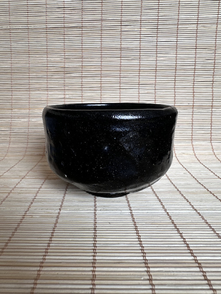 Vintage Japanese Kuro Chawan Tea Bowl, Black Glaze Stoneware, Hand Shaped Pottery