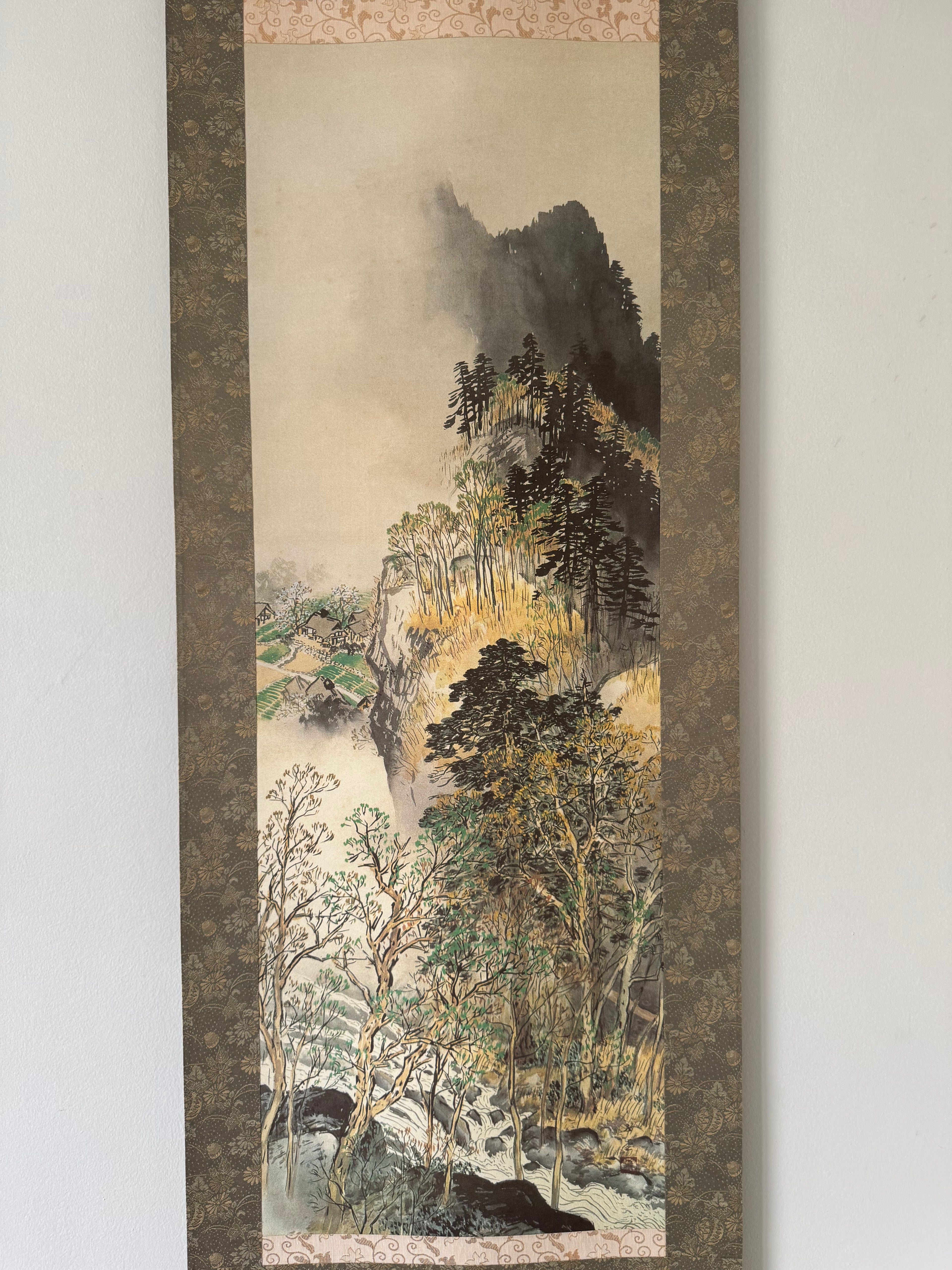 Japanese Autumn Landscape Kakemono Painting – Sumi-e Ink & Color on Paper, Vintage Hanging Scroll Art