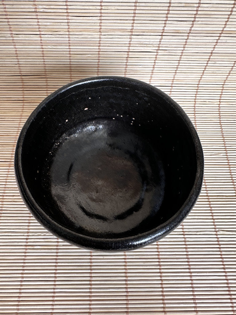 Vintage Japanese Kuro Chawan Tea Bowl, Black Glaze Stoneware, Hand Shaped Pottery