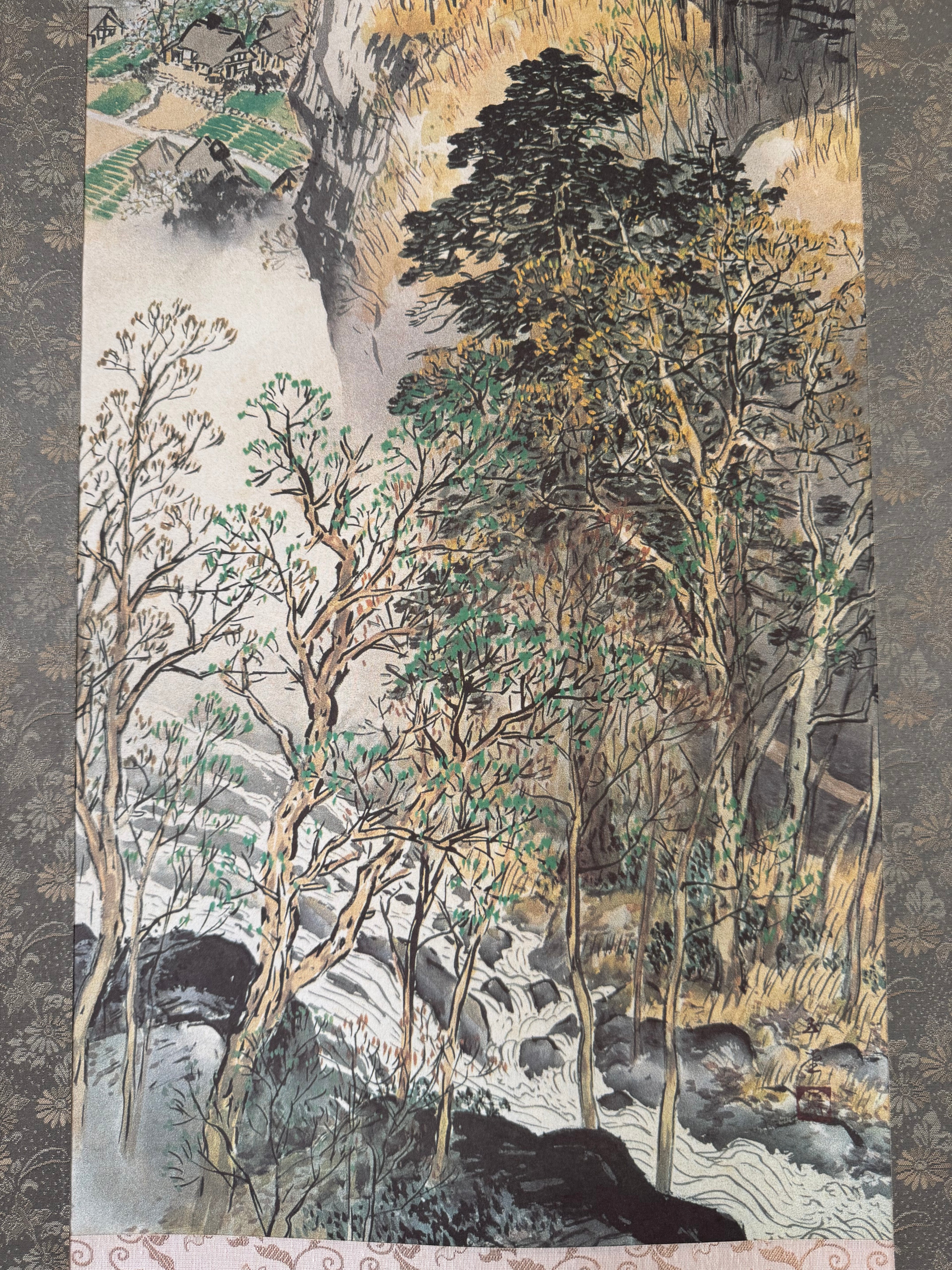 Japanese Autumn Landscape Kakemono Painting – Sumi-e Ink & Color on Paper, Vintage Hanging Scroll Art