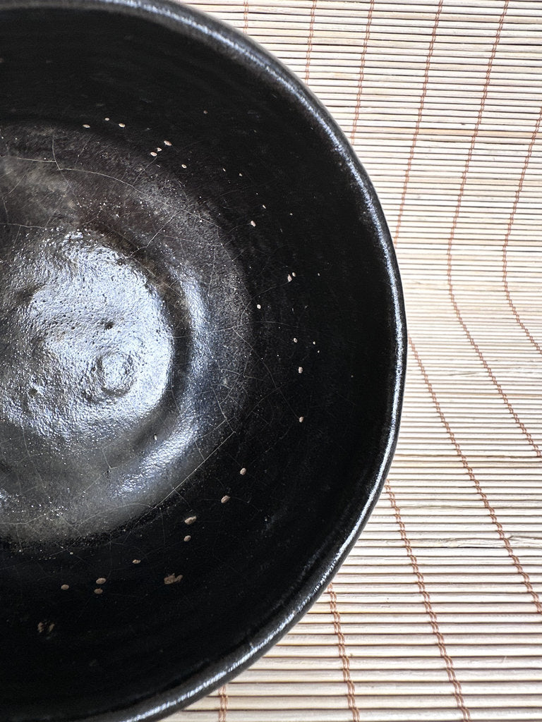 Vintage Japanese Kuro Chawan Tea Bowl, Black Glaze Stoneware, Hand Shaped Pottery