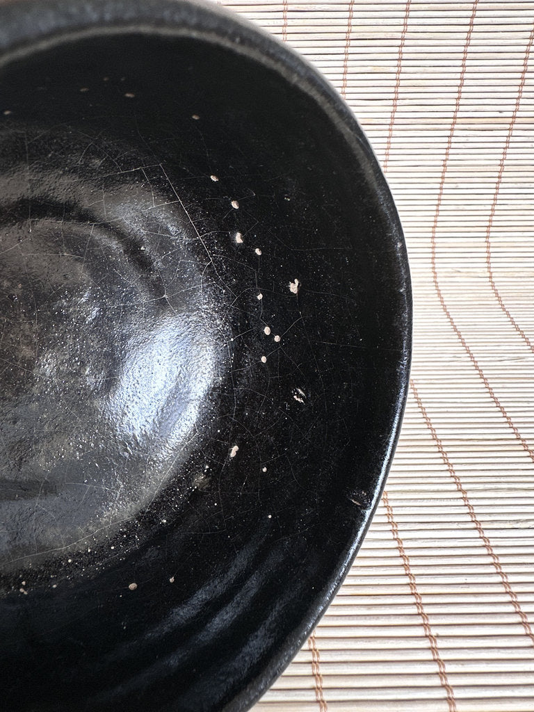 Vintage Japanese Kuro Chawan Tea Bowl, Black Glaze Stoneware, Hand Shaped Pottery