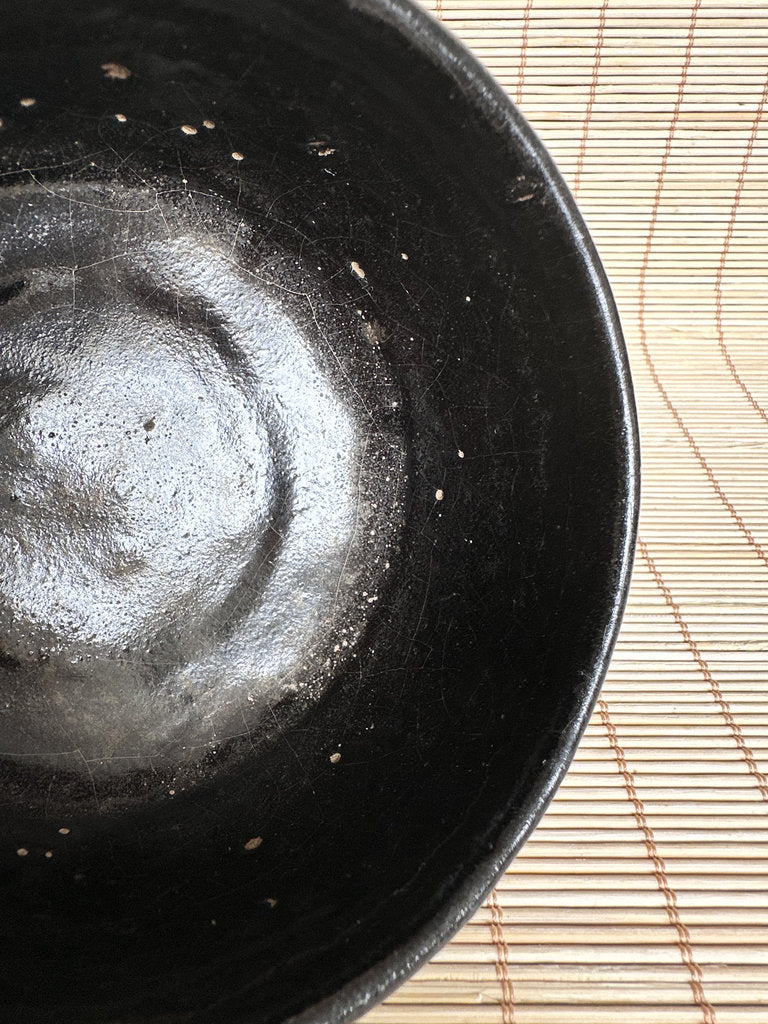 Vintage Japanese Kuro Chawan Tea Bowl, Black Glaze Stoneware, Hand Shaped Pottery