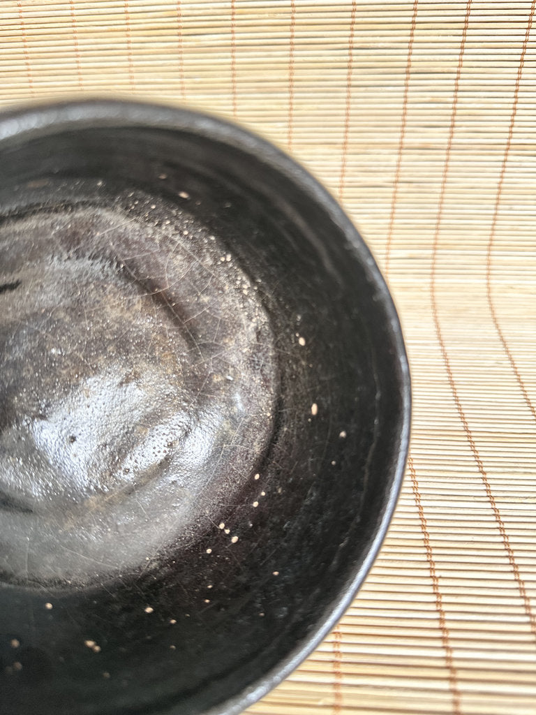 Vintage Japanese Kuro Chawan Tea Bowl, Black Glaze Stoneware, Hand Shaped Pottery