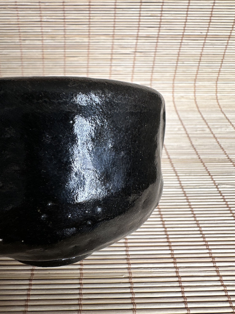 Vintage Japanese Kuro Chawan Tea Bowl, Black Glaze Stoneware, Hand Shaped Pottery