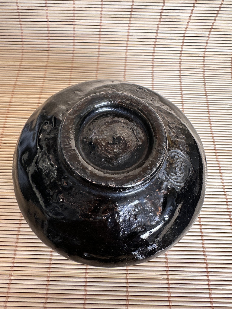 Vintage Japanese Kuro Chawan Tea Bowl, Black Glaze Stoneware, Hand Shaped Pottery