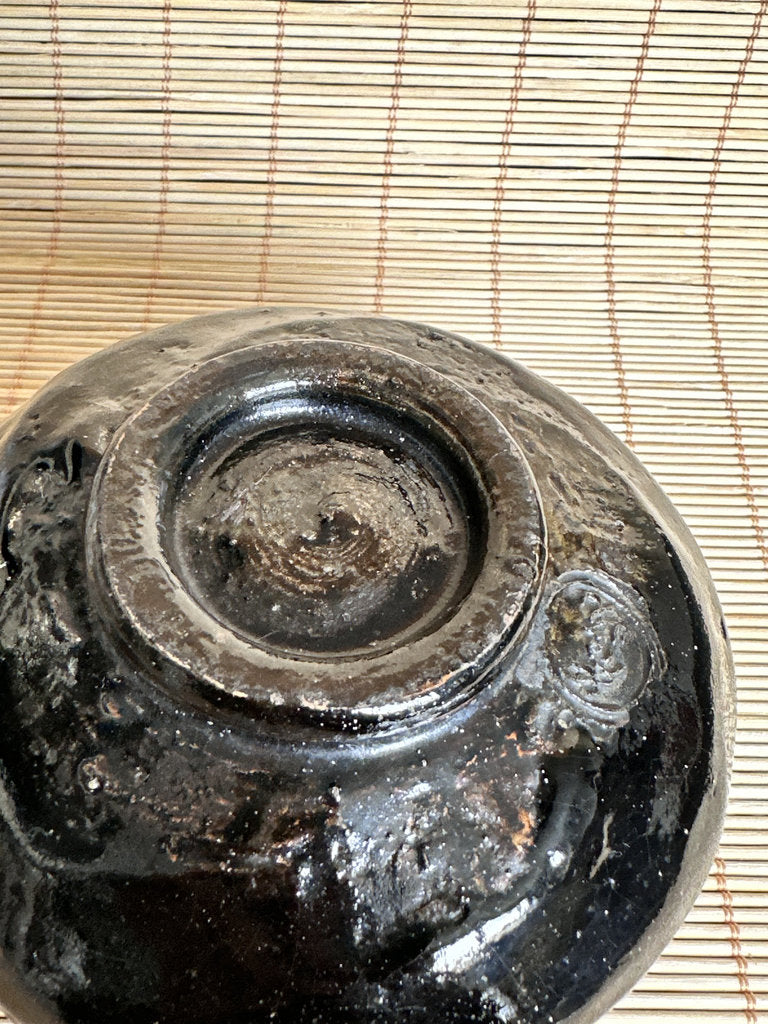 Vintage Japanese Kuro Chawan Tea Bowl, Black Glaze Stoneware, Hand Shaped Pottery