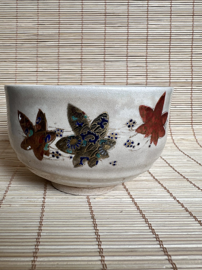 Vintage Japanese Kutani Style Bowl, Hand Painted Butterfly Motif, Gold Enamel Ceramic