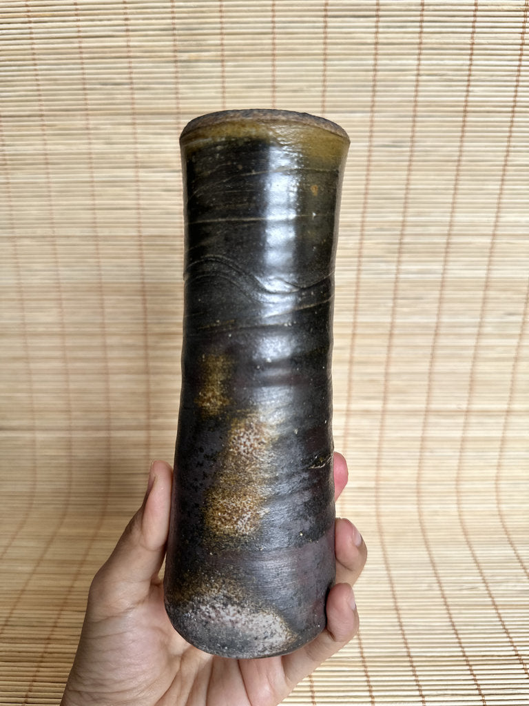 Vintage Japanese Bizen Ikebana Vase, Unglazed Stoneware, Goma Ash Glaze Effect