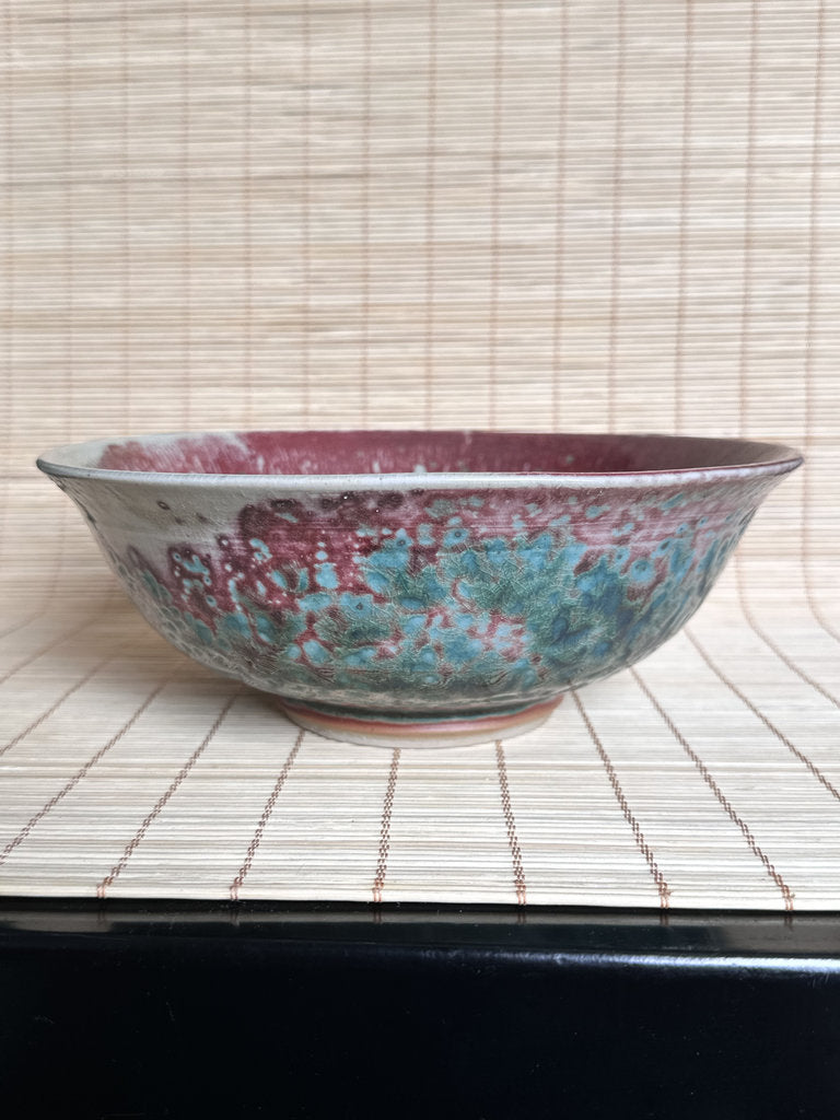 Vintage Japanese Soma Yaki Bowl, Hashiri-Goma Horse Motif, Blue Crackle Glaze