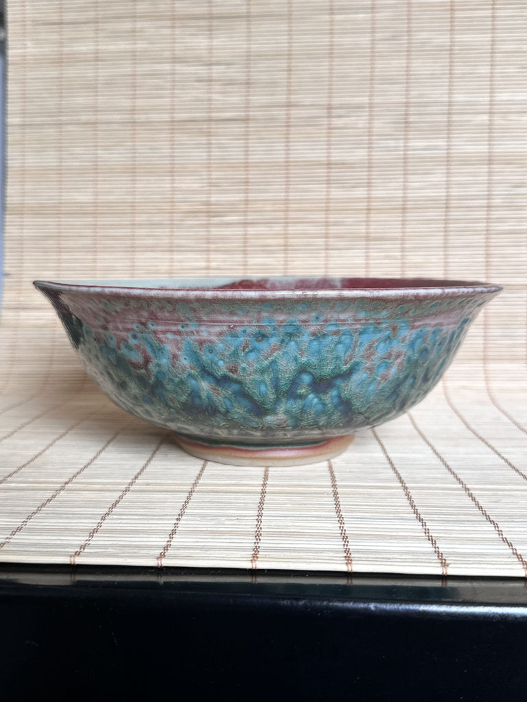 Vintage Japanese Soma Yaki Bowl, Hashiri-Goma Horse Motif, Blue Crackle Glaze
