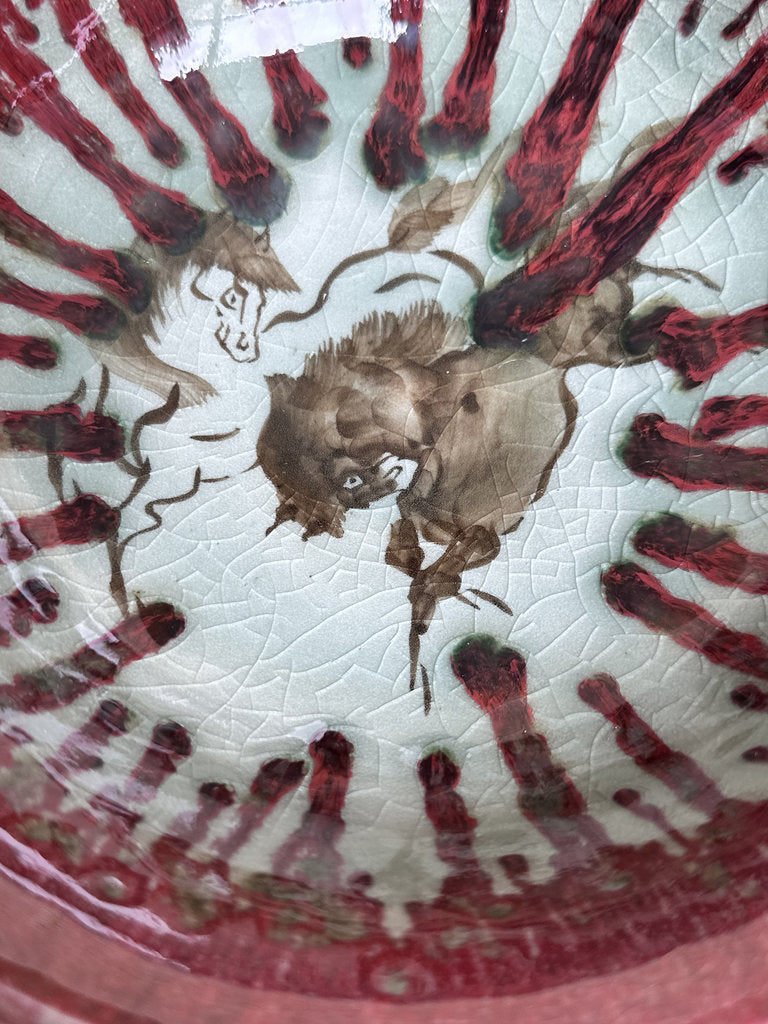 Vintage Japanese Soma Yaki Bowl, Hashiri-Goma Horse Motif, Blue Crackle Glaze